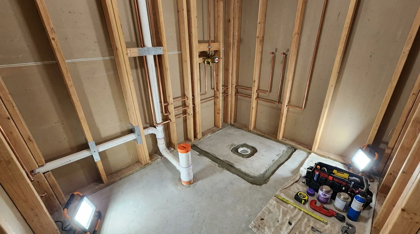Bathroom rough-in plumbing during remodel by Johns Plumbing LLC in Guernsey