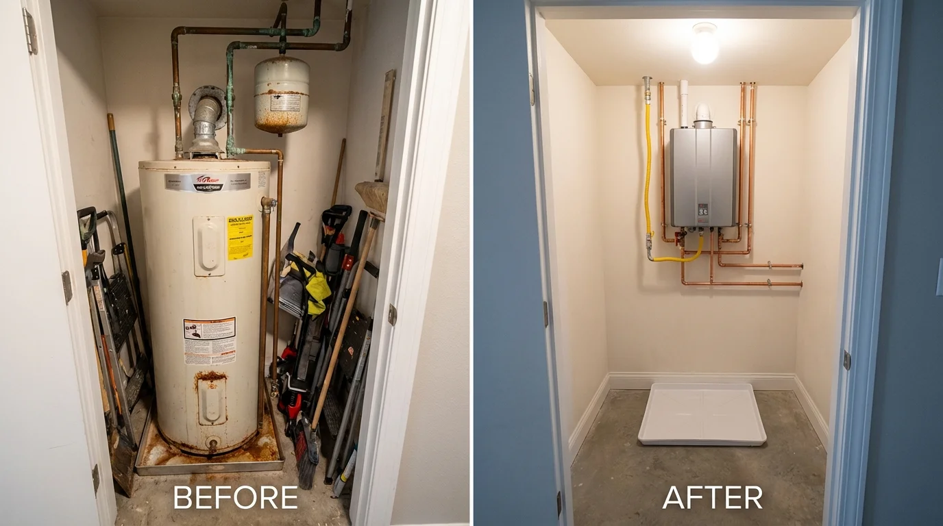 Tank water heater versus wall-mounted tankless unit comparison for Guernsey, WY homeowners