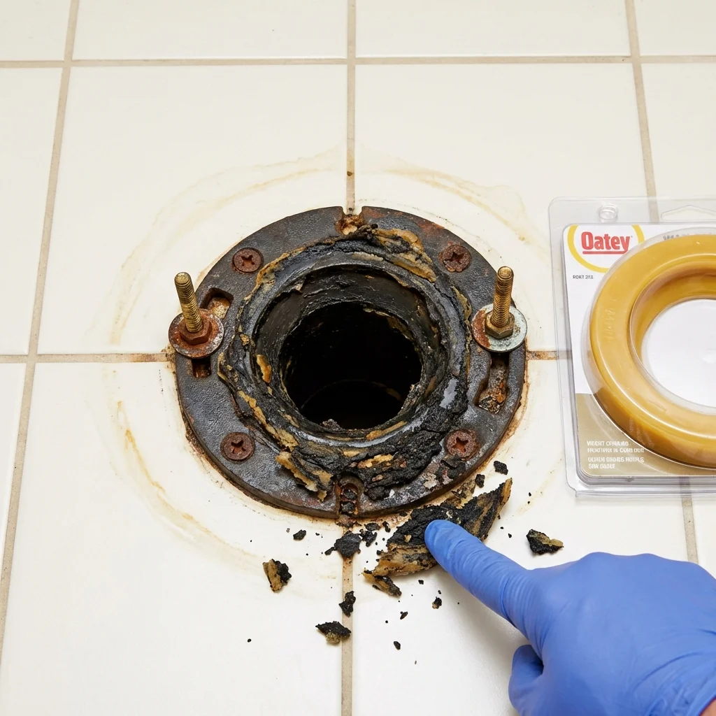 Failed wax ring showing water seepage at the base of a toilet in a Guernsey, WY home