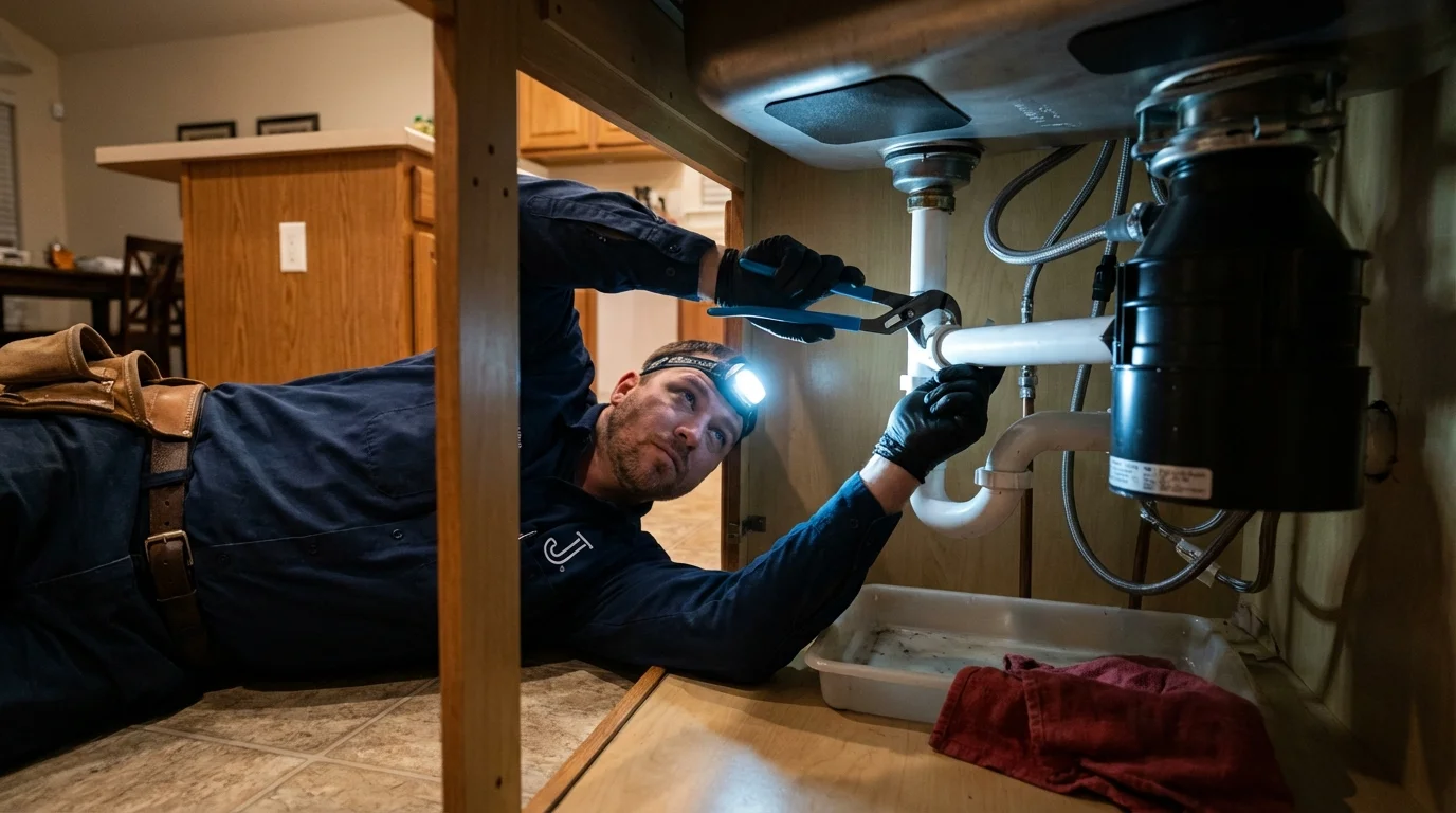 P-trap and supply line connections under a kitchen sink showing a common leak point in Guernsey, WY
